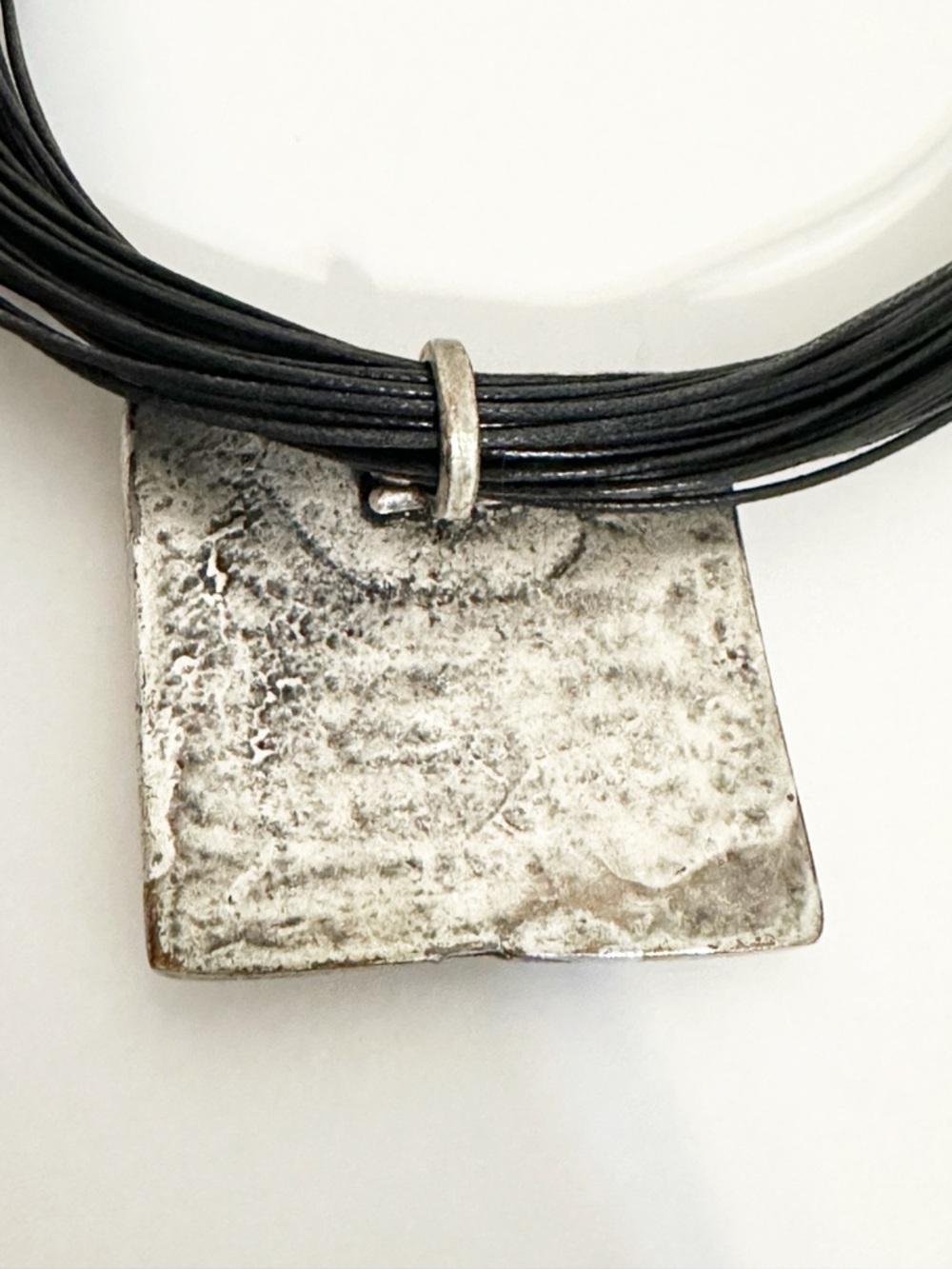 Artisan Textured Silver Square Pendant Necklace Black Multi-Strand Cord - Picture 2 of 4